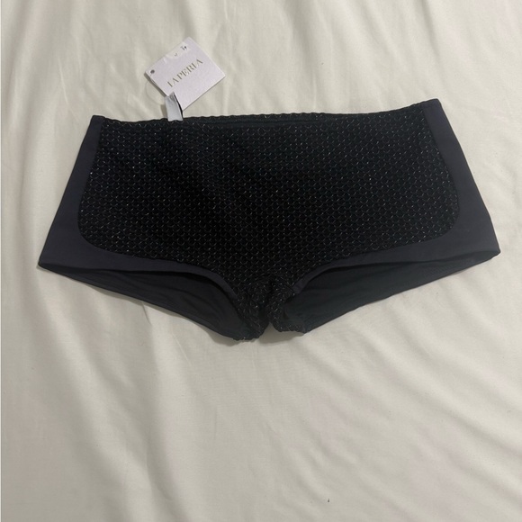 NWT La Perla Navy Blue sparkly boy-shorts Swim briefs with silver accents/fr38 - Picture 1 of 9